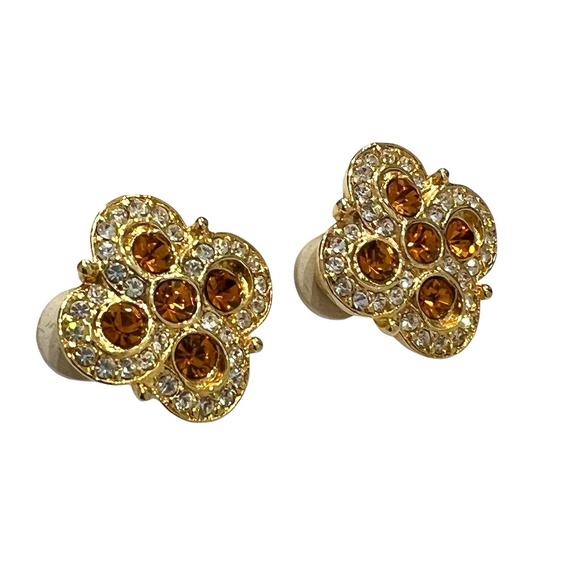 VINTAGE JOAN RIVERS GOLD TONE AND AMBER CLOVER/FLOWER CLIP ON EARRINGS - Picture 11 of 15